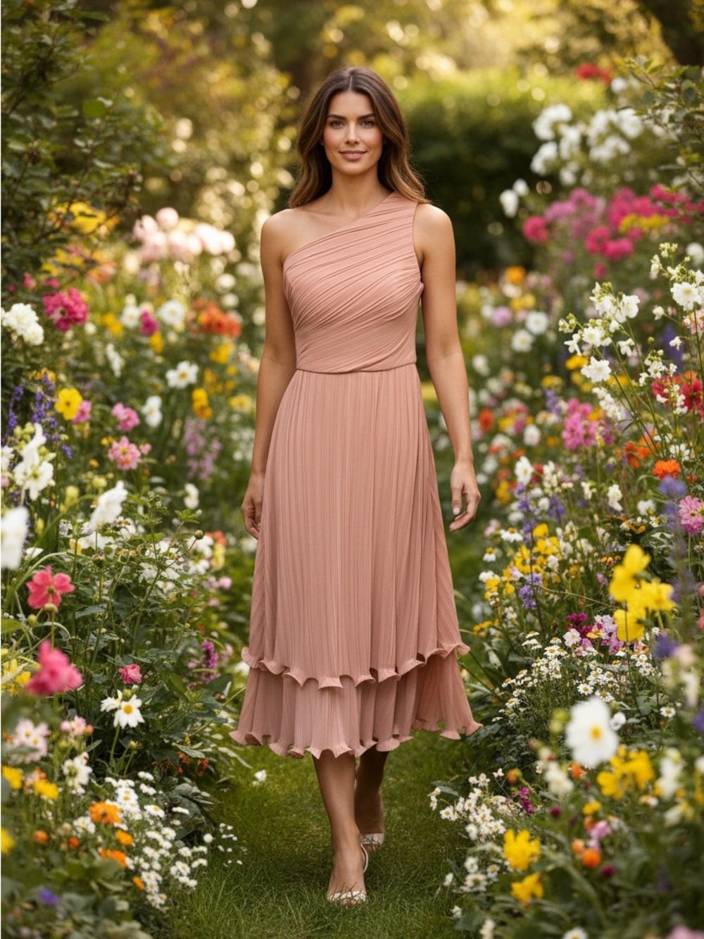 Claude One-Shoulder Pleated Midi Dress in Dusty Rose Sz M